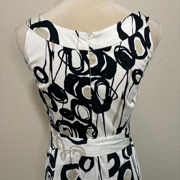 Calvin Klein White and Black Scoop Neck Fit and Flare Pleated Tie Waist Dress 6 - Picture 6 of 11